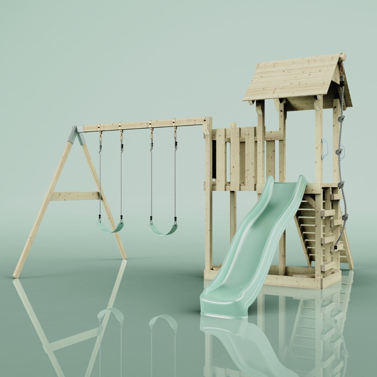 PolarPlay Spielturm Klettergerüst mit Wellenrutsche, Kinderschaukel Kletterseil - Produktbild 6