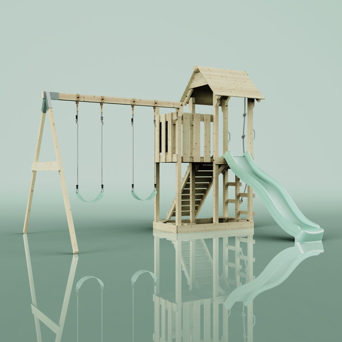 PolarPlay Spielturm Klettergerüst mit Wellenrutsche, Kinderschaukel Kletterseil - Produktbild 9