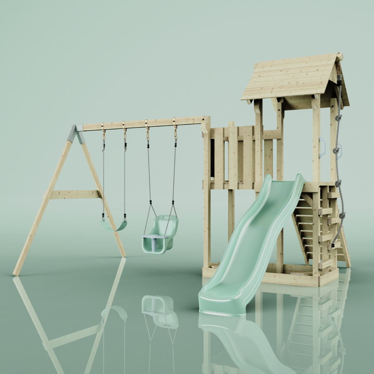 PolarPlay Spielturm Klettergerüst mit Wellenrutsche, Kinderschaukel Kletterseil