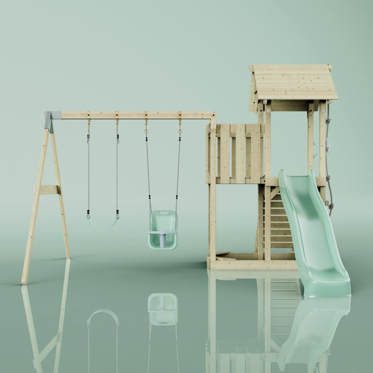 PolarPlay Spielturm Klettergerüst mit Wellenrutsche, Kinderschaukel Kletterseil - Produktbild 1
