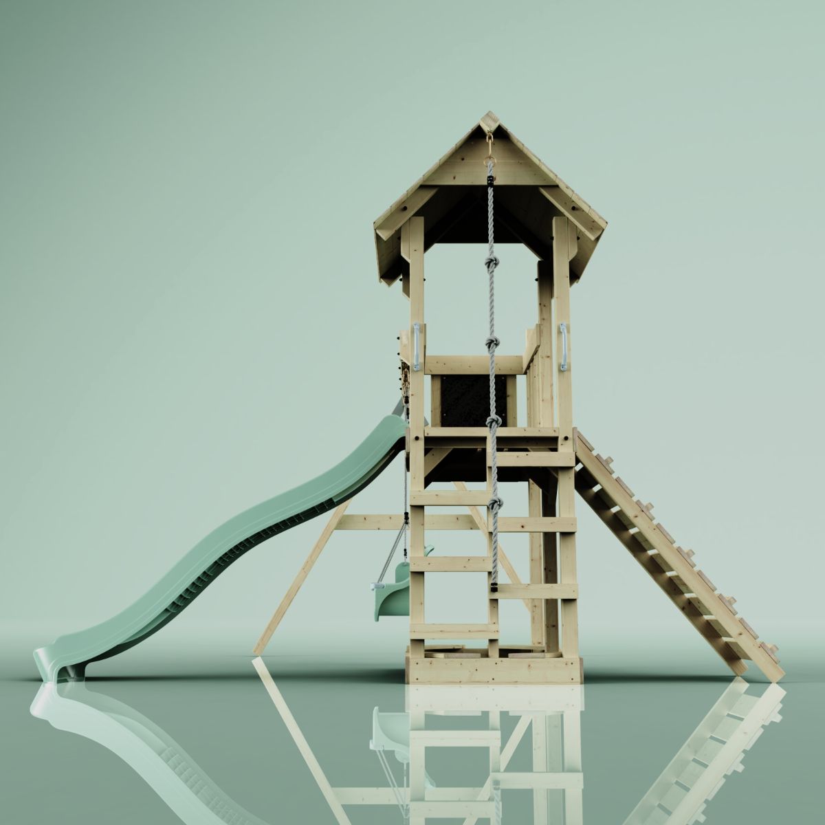 PolarPlay Spielturm Klettergerüst mit Wellenrutsche, Kinderschaukel Kletterseil - Produktbild 2