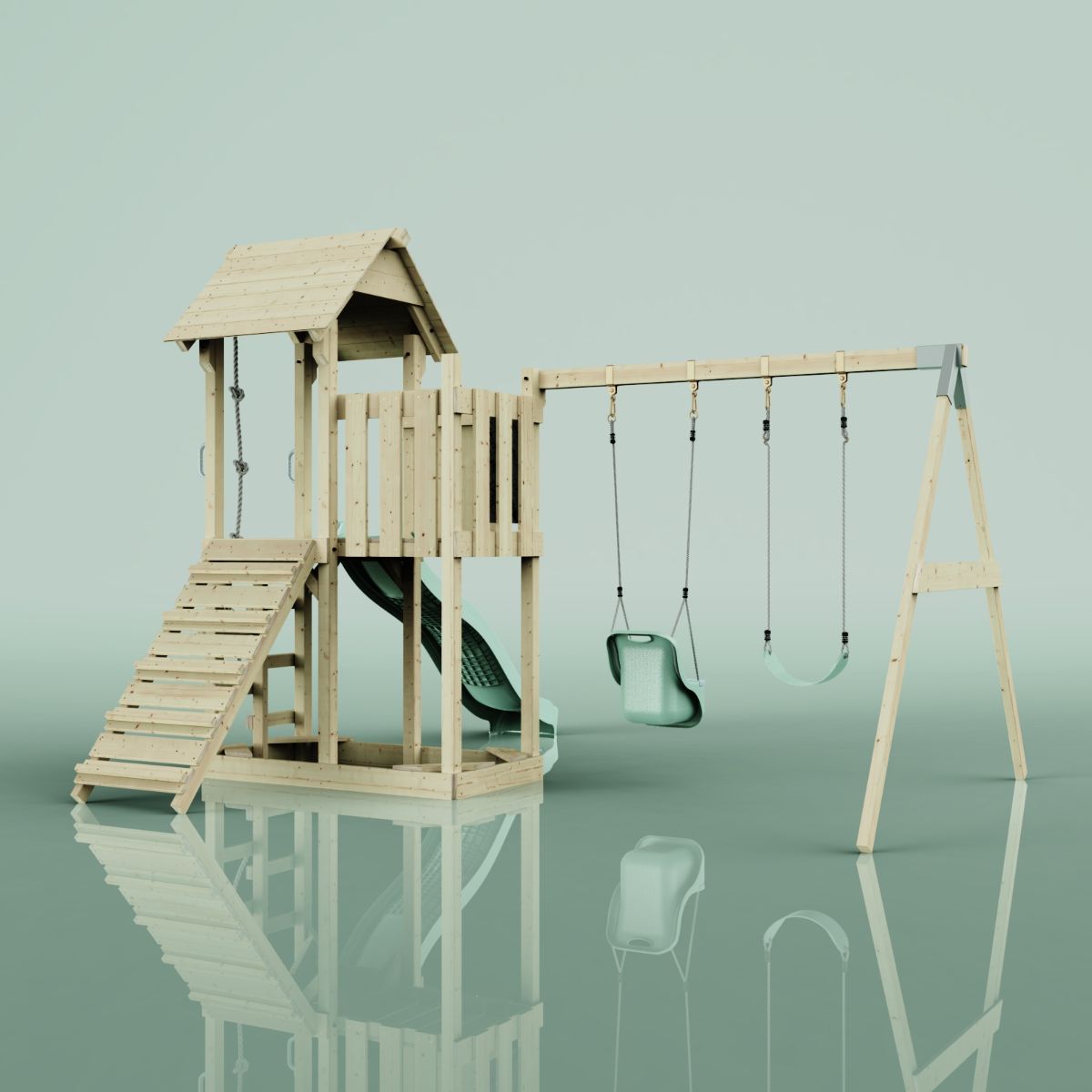 PolarPlay Spielturm Klettergerüst mit Wellenrutsche, Kinderschaukel Kletterseil - Produktbild 4